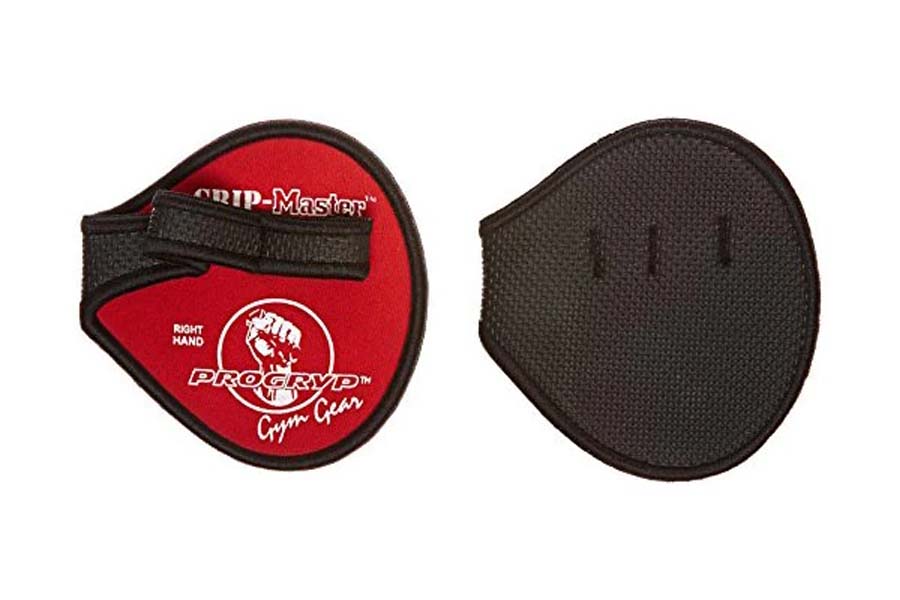 Warrior Grip-Master red and black circular hand grip with right hand designation and velcro strap, shown front and back view 