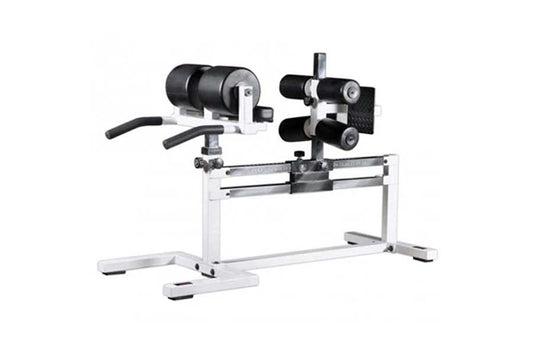 White and black leg exercise machine with padded rollers and adjustable seat on white background