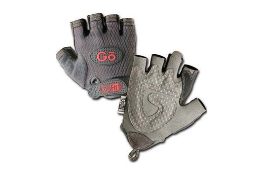 Gray and charcoal fingerless training gloves with red logo, padded palm, and mesh back, shown front and back views on white b