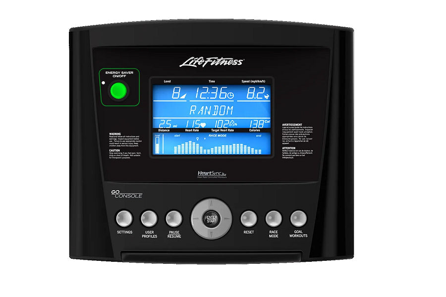 Life Fitness T3 treadmill with black frame, blue LCD display showing workout stats, green energy saver button, and control co