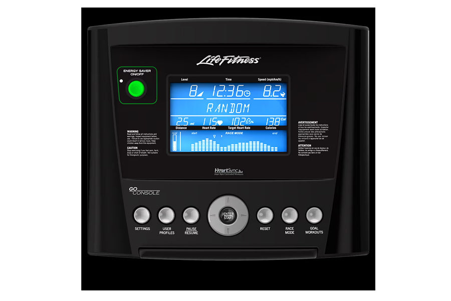 Life Fitness E1 black elliptical machine with touchscreen display showing workout metrics, control buttons, and green energy-