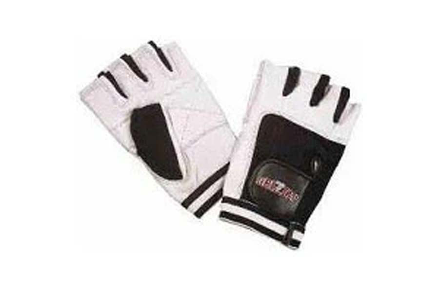 Warrior Grizzly white and black fingerless weight lifting gloves with padded palms, flat lay on white background