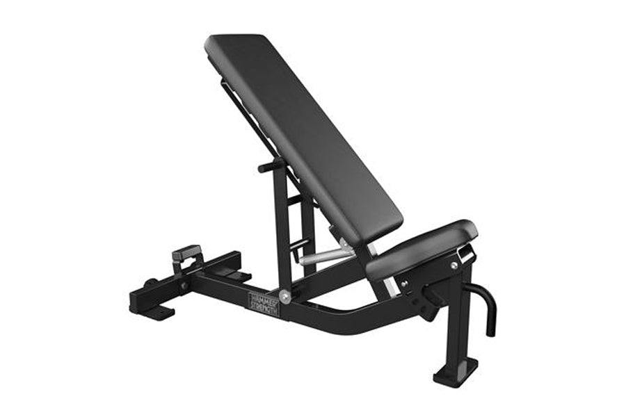 Black adjustable weight bench with padded back and seat, angled leg extension attachment, on white background
