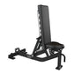 Black multi-adjustable weight bench with padded seat and backrest, adjustable leg extension platform, and sturdy metal frame 