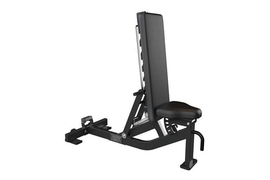 Black multi-adjustable weight bench with padded seat and backrest, adjustable leg extension platform, and sturdy metal frame 