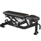 Black multi-adjustable weight bench with padded seat and backrest, adjustable leg extension attachment on white background