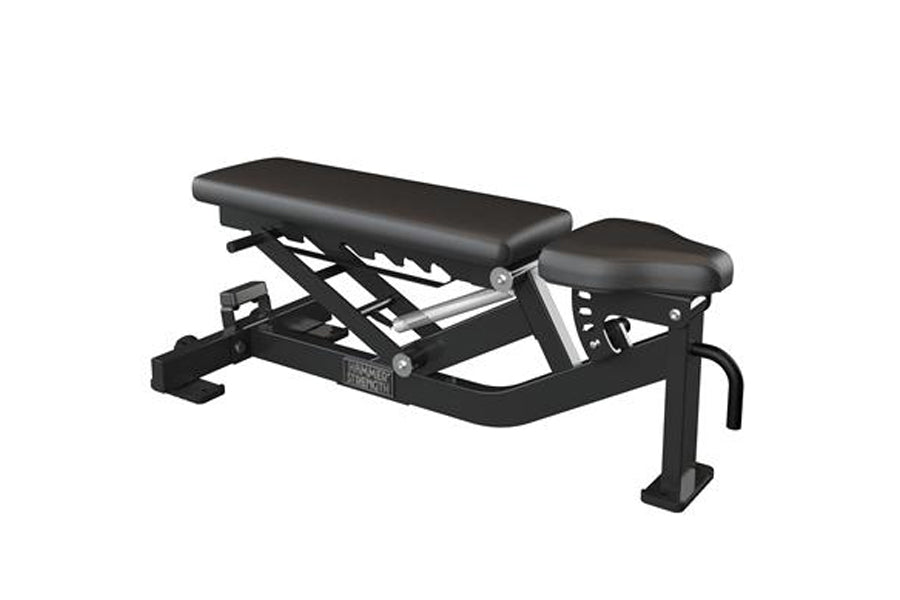 Black multi-adjustable weight bench with padded seat and backrest, adjustable leg extension attachment on white background