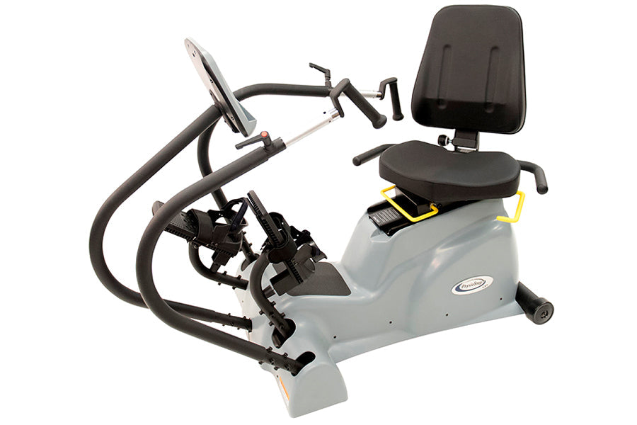 Physiostep LXT recumbent elliptical cross trainer with gray base, black padded seat and backrest, dual handles, and foot peda