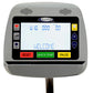 PhysioStep LXT recumbent elliptical console display showing time, distance, and calorie metrics with welcome screen and contr