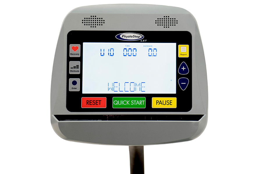PhysioStep LXT recumbent elliptical console display showing time, distance, and calorie metrics with welcome screen and contr