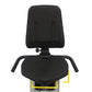 Black padded seat and backrest on PhysioStep LXT recumbent elliptical with yellow accents, viewed from front on white backgro