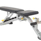 Hoist Preacher Curl Attachment with black padded arm rest and seat, silver metal frame, yellow adjustment knobs, on white bac