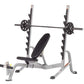 Hoist weight bench with barbell rack, black padded seat, and grey metal frame on white background