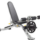 Hoist weight bench with gray cushioned seat and backrest, silver metal frame, black handles, and attached black weight plate 