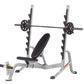 Hoist strength training bench with leg extension and leg curl attachments, silver frame with black padded seat and backrest, 