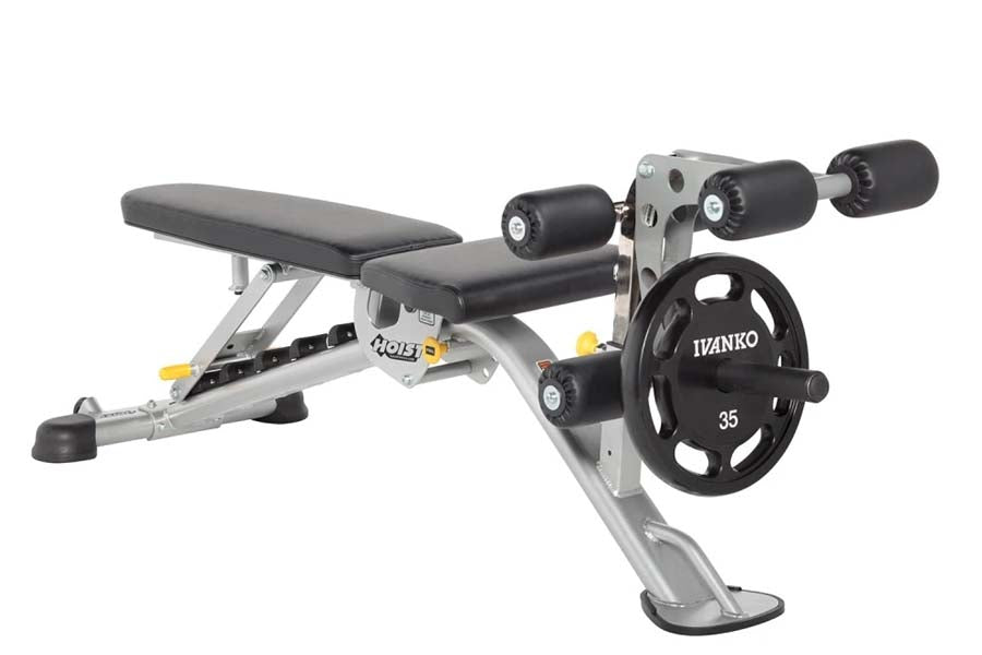 Hoist Safety Tiers weight plate attachment with black 35-pound plate and gray steel frame on white background
