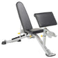 White and gray weight bench with adjustable leg extension attachment and black padded seat and back support on white backgrou