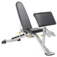 White and gray weight bench with adjustable seat and leg extension attachment on white background
