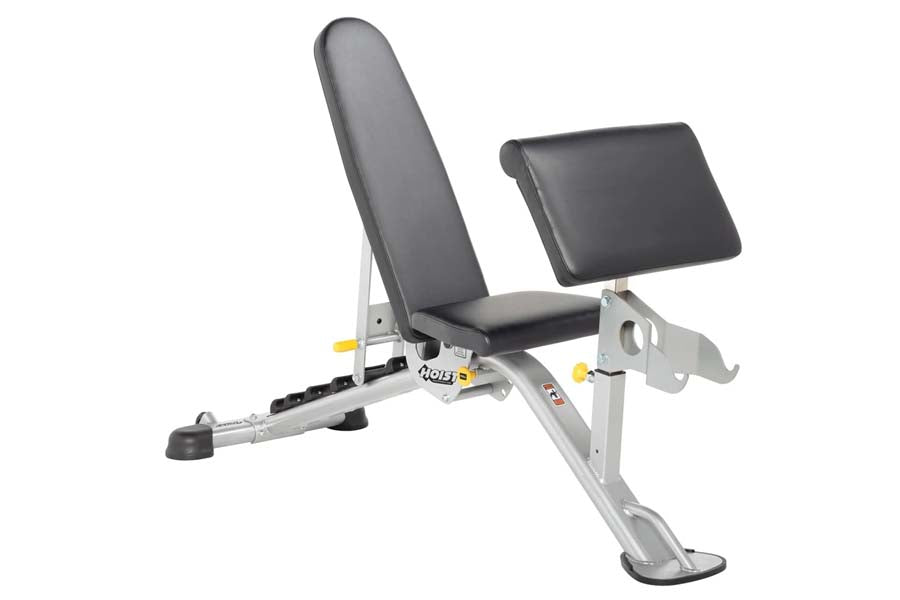White and gray weight bench with adjustable seat and leg extension attachment on white background