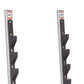 Hoist leg extension and curl attachment with gray aluminum post and black rubber-coated hooks, flat lay on white background