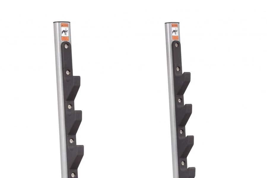 Hoist leg extension and curl attachment with gray aluminum post and black rubber-coated hooks, flat lay on white background