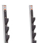 Silver and black hoist safety tiers attachment with multiple staggered black hooks mounted on vertical rail, front view on wh