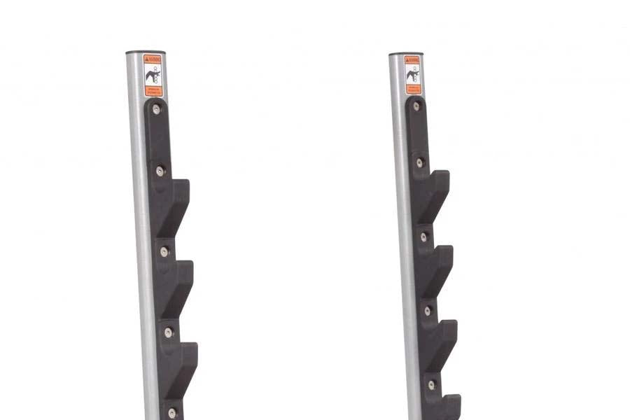 Silver and black hoist safety tiers attachment with multiple staggered black hooks mounted on vertical rail, front view on wh