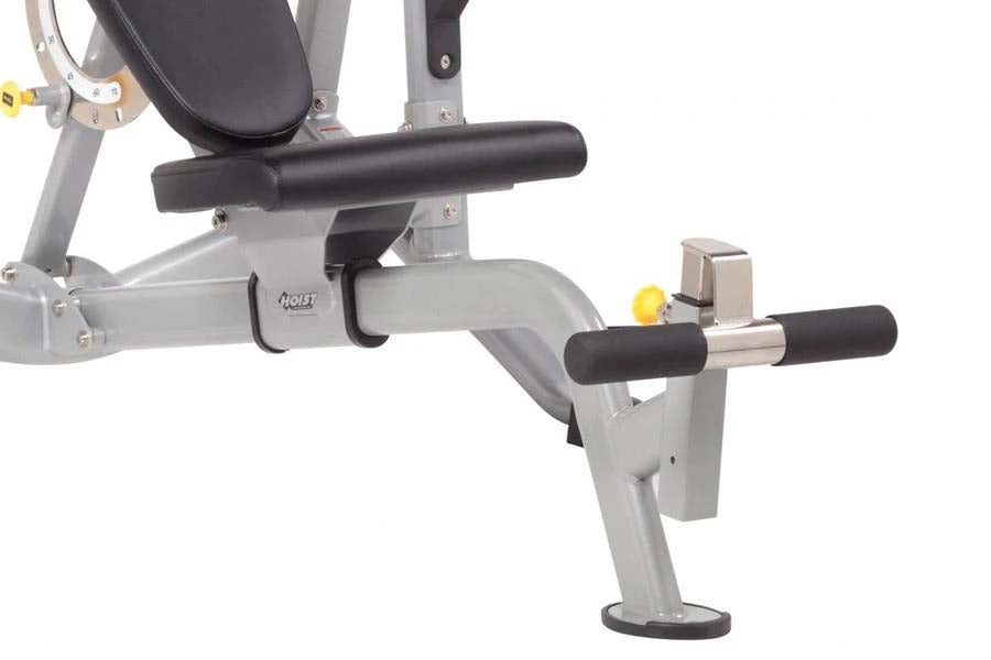 Hoist gray and black leg press attachment with padded footrest and handles on white background