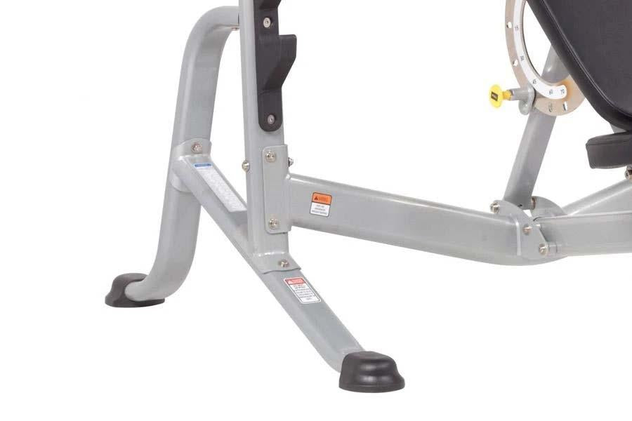 Silver metal preacher curl attachment with black handles and rubber feet, shown on white background