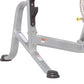 Gray metal weight lifting cage with black stabilizer feet and mounting hardware on white background