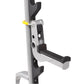 Hoist squat rack with gray and black frame, adjustable shoulder pad, and yellow adjustment lever on white background