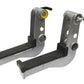 Pair of gray and black metal squat rack arms with rubber grips and adjustment levers, flat lay view