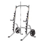 Smith machine squat rack with silver frame, black weight plate holders, and black wheels on white background