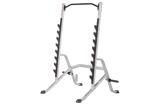 Hoist multi-purpose squat rack with silver frame, black curved top bar, and black rubber-coated dumbbell holders on vertical 