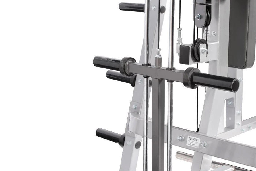 Hoist Lat Pulldown/Low Row plate-loading machine with gray metal frame and black handles, close-up of dual grip bars on white