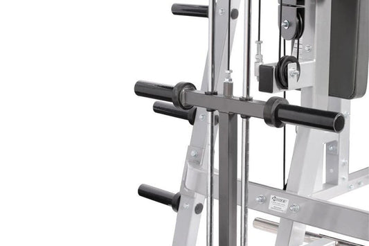 Hoist Lat Pulldown/Low Row plate-loading machine with gray metal frame and black handles, close-up of dual grip bars on white