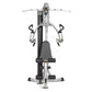 Hoist Mi1 home gym with black seat and gray frame, featuring dual handles and footrest, viewed from above on white background