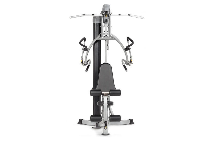 Hoist Mi1 home gym with black seat and gray frame, featuring dual handles and footrest, viewed from above on white background