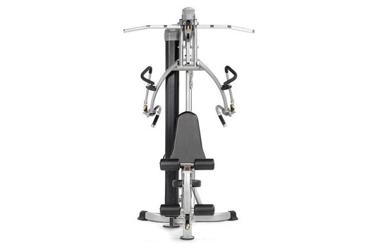 Hoist Mi1 home gym with black seat and gray frame, featuring dual handles and footrest, viewed from above on white background