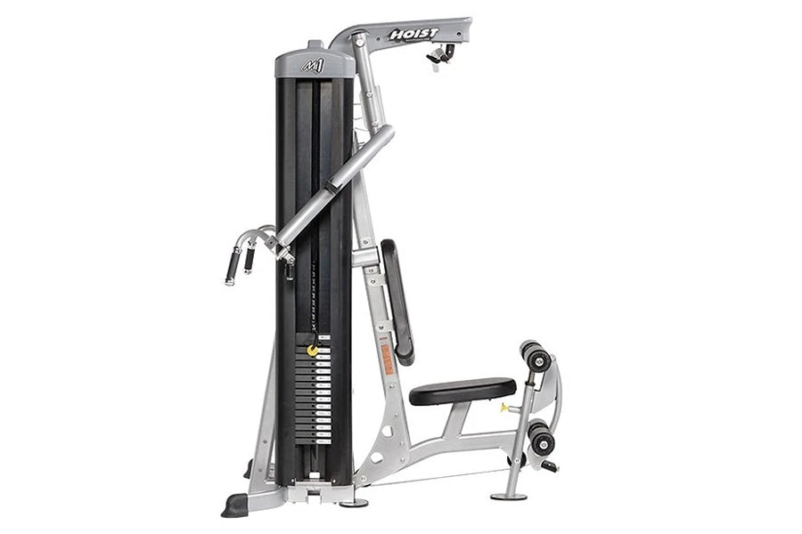 Hoist Mi1 home gym machine with silver frame, black padded seat, and adjustable arm lever on white background