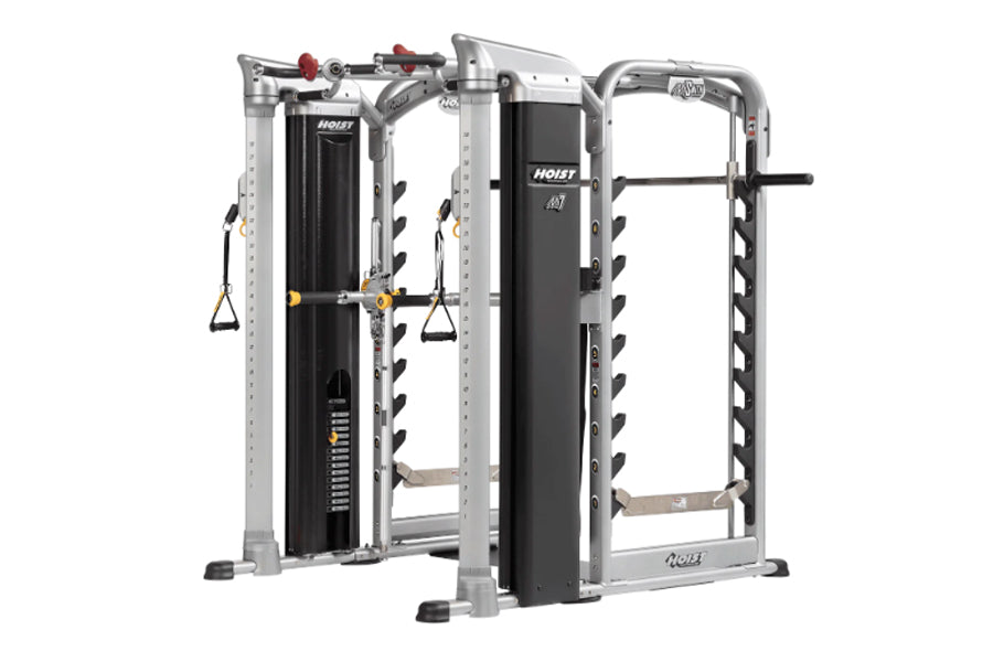 Hoist Mi7Smith functional training system with silver frame, black panels, and multiple attachment stations on white backgrou