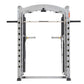 Hoist Mi7 Smith functional training system with white frame, black handles, and adjustable weight pegs, front view on white b