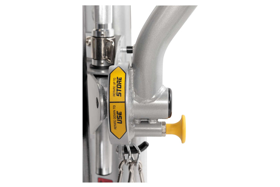 Silver and yellow Hoist Mi7 Smith functional training system frame detail showing yellow safety stop mechanism and attachment