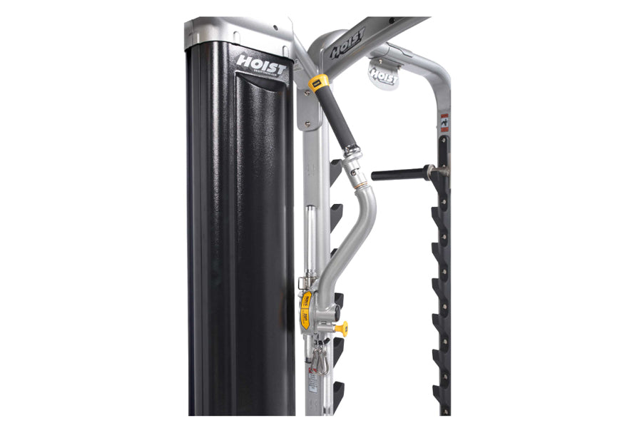 Hoist Mi7 Smith functional training system with silver frame, black padding, and adjustable arms, shown on white background