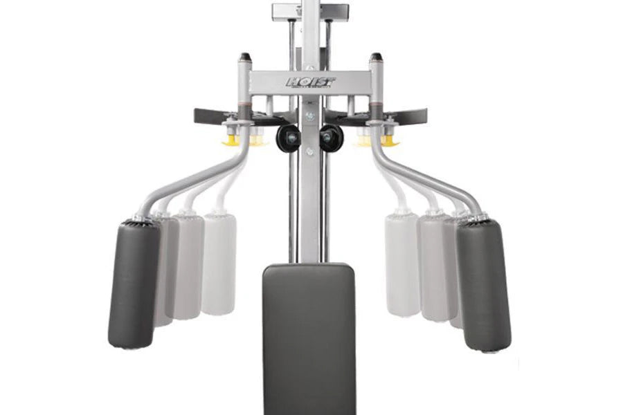 HOIST Pec Dec Attachment with gray steel frame, black and gray padded arm bars, and cylindrical weight stack on white backgro