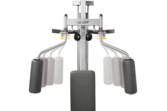 HOIST Pec Dec Attachment with gray steel frame, black and gray padded arm bars, and cylindrical weight stack on white backgro
