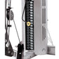 Hoist V4-Elite home gym with numbered black and gold weight stack up to 20, leg press attachment, and cable pulleys on white 