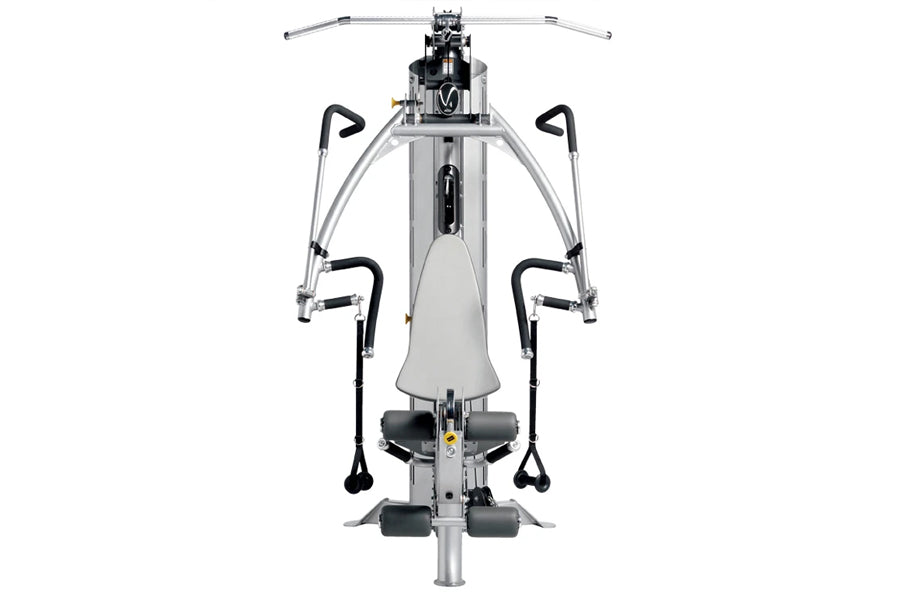 Hoist V4-Select Home Gym with silver frame, black handles, and black seat, overhead view on white background