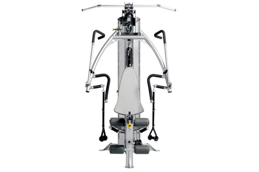 Hoist V4-Select Home Gym with silver frame, black handles, and black seat, overhead view on white background