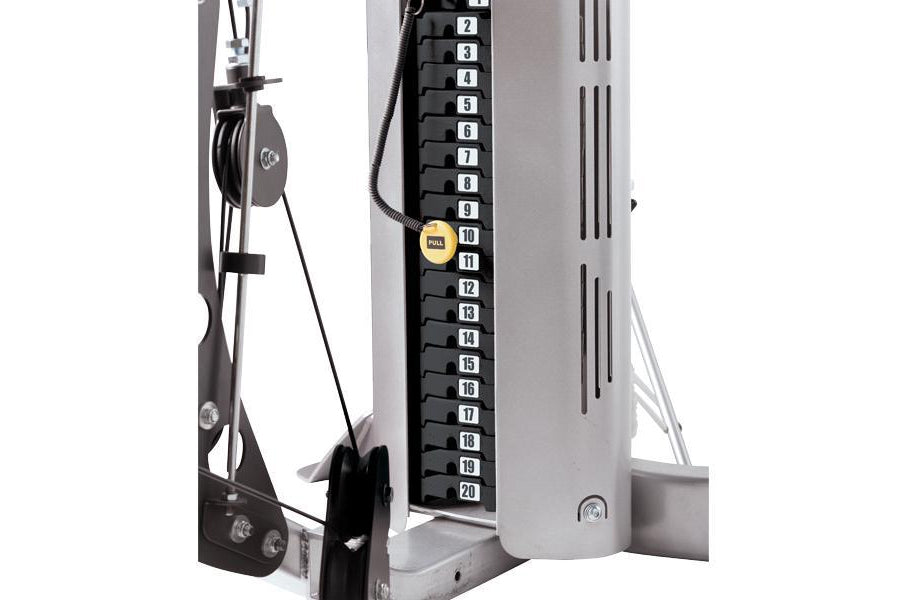 Hoist V4-Select home gym with black and gray frame, numbered weight stack 1-20, and cable attachment on white background